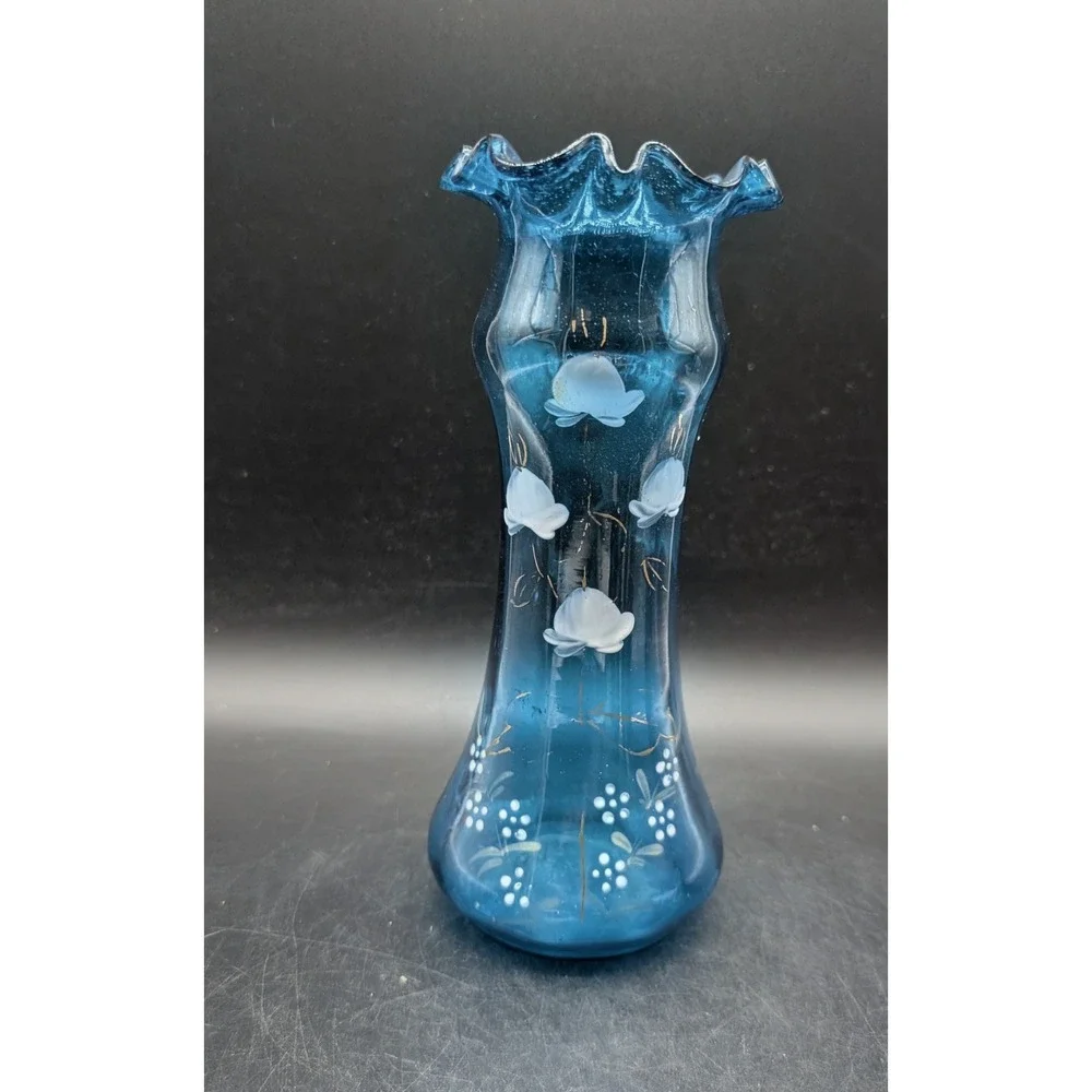 Vintage Blue Hand Blown Glass Ruffled Rim Vase Hand Painted Floral Gold Accents